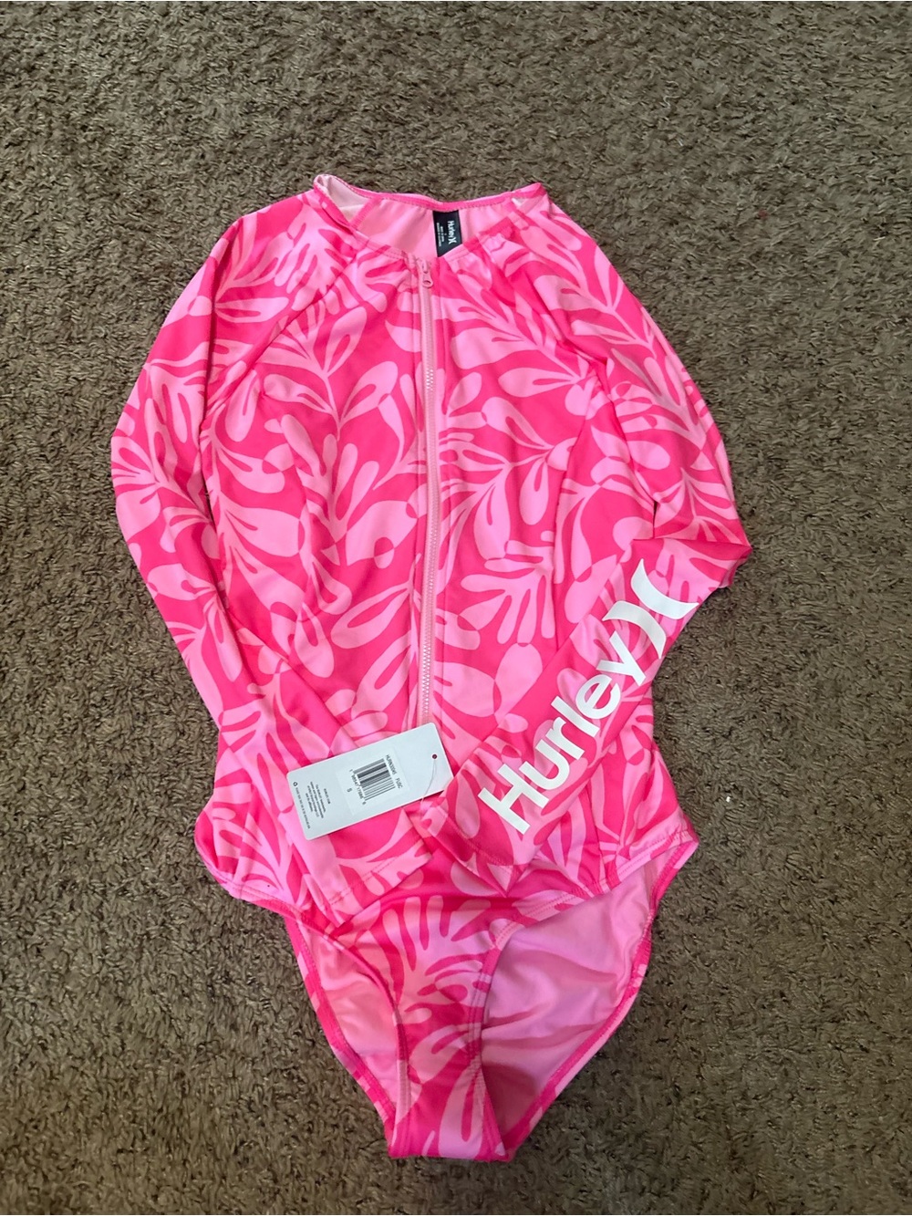 Hurley Womens' Pink Printed Long-Sleeve Rash Guard Swimsuit